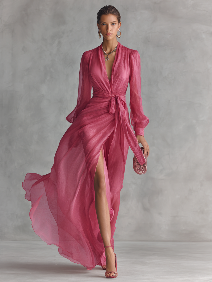 Noemi | Vestido Largo de Gasa con Pedrería y Escote en V