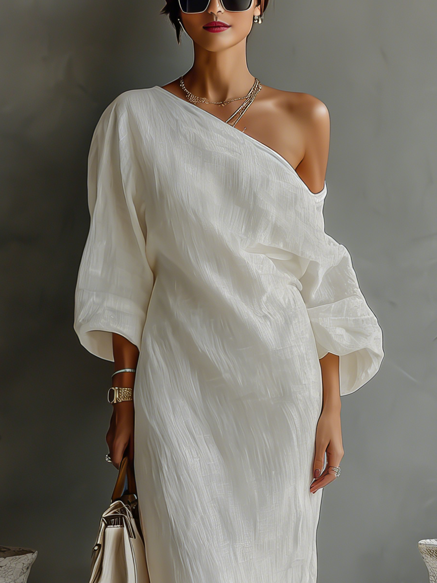 Rebecca | Vestido Fluido Color Marfil con Hombro Descubierto