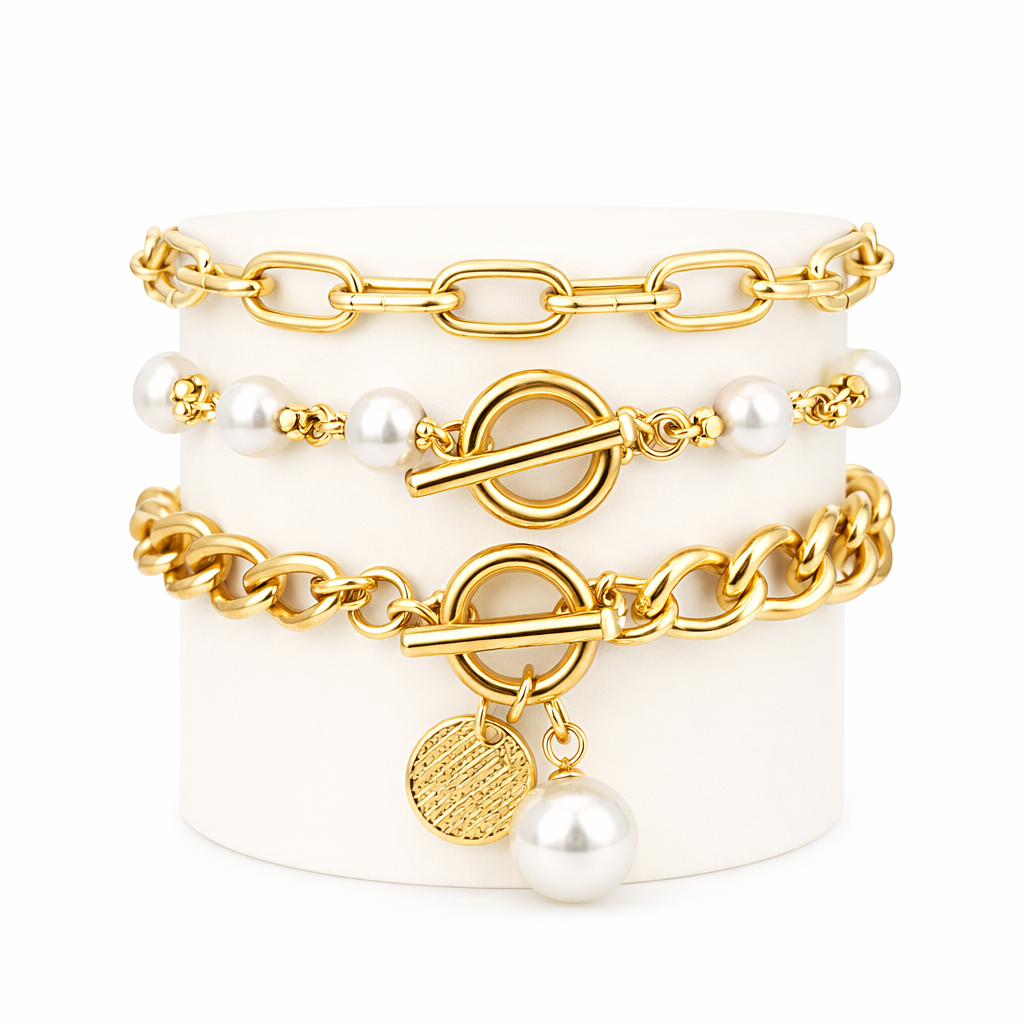 Set de Pulseras Chic 4 Piezas Serpiente Perlas y Eslabones