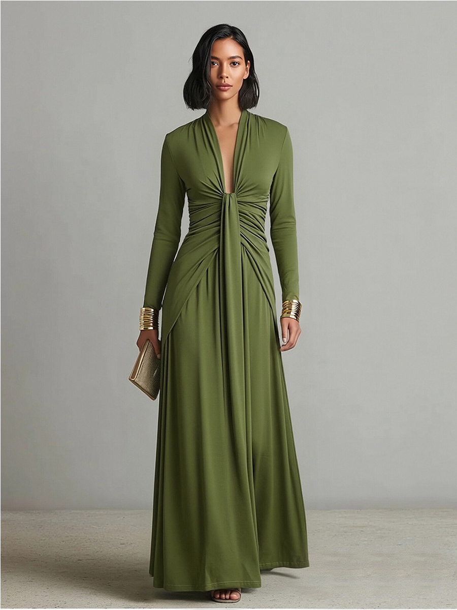 Vittoria | Vestido Largo de Seda Verde Oliva con Escote en V Profundo