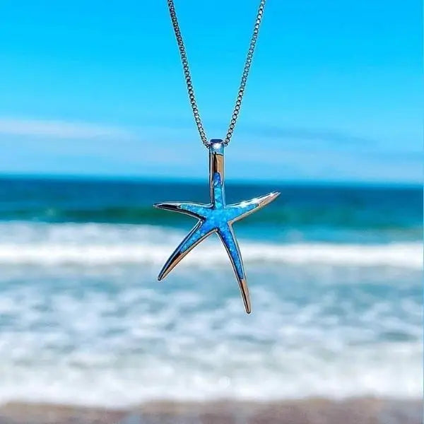 Collar Colgante Estrella de Mar Plata y Ópalo Azul