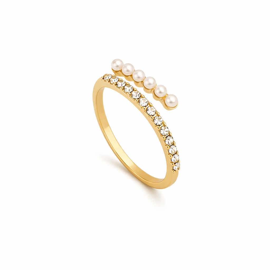 Anillo Virelle Abierto Cristal y Perla Oro