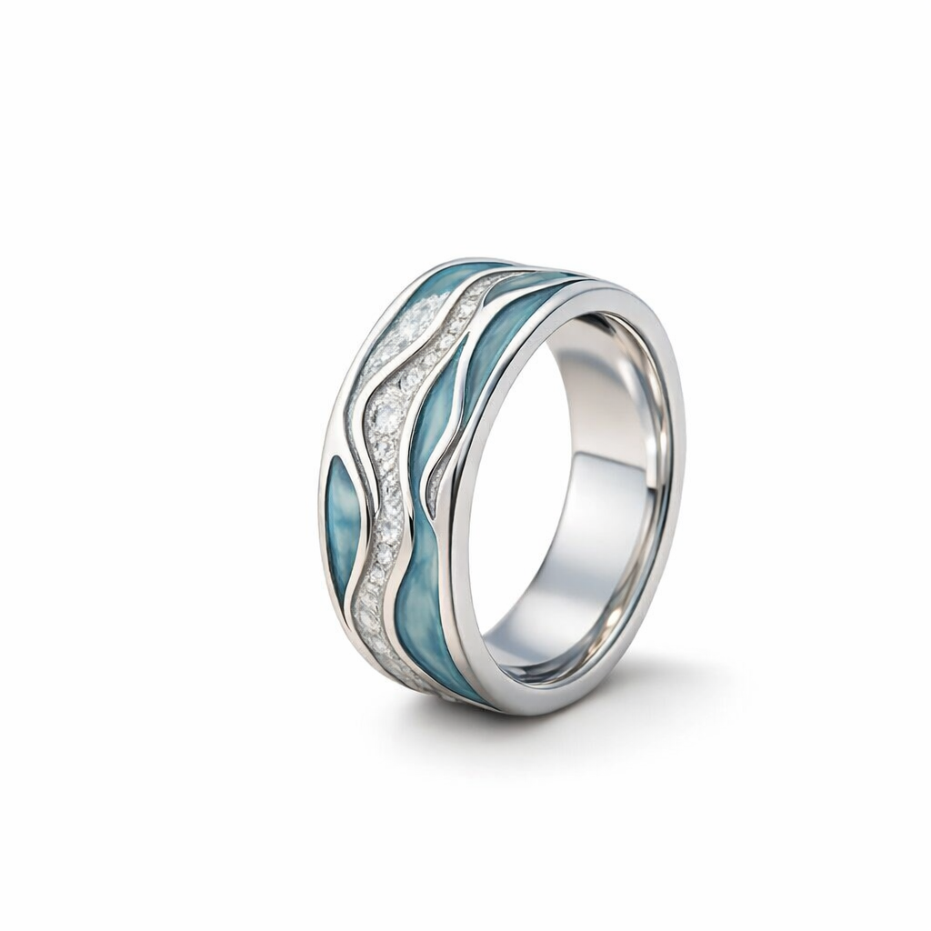 Anillo Plata Olas Azul Mar