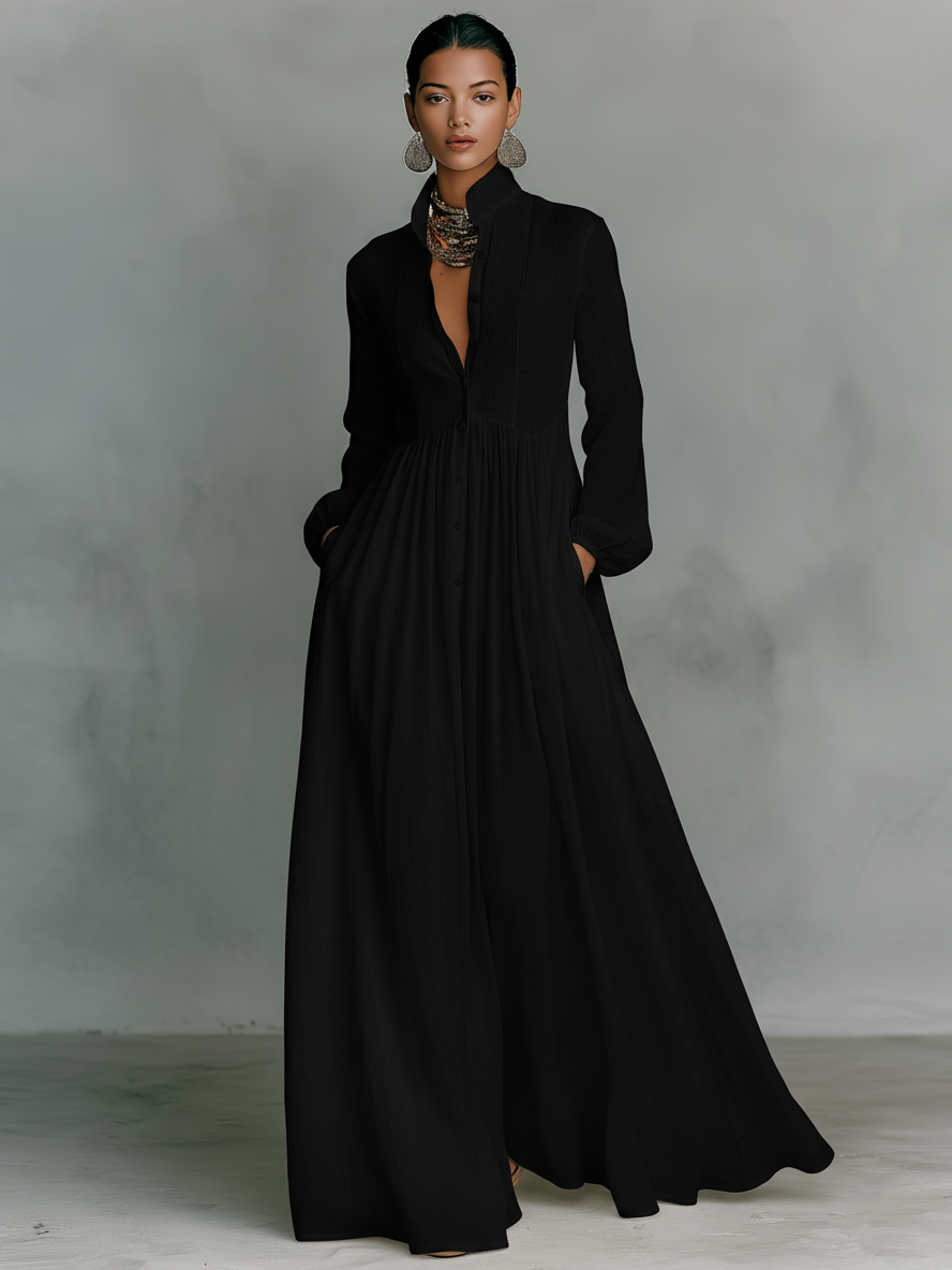 Marta | Vestido Largo de Lino con Detalles Patchwork y Cuello Alto