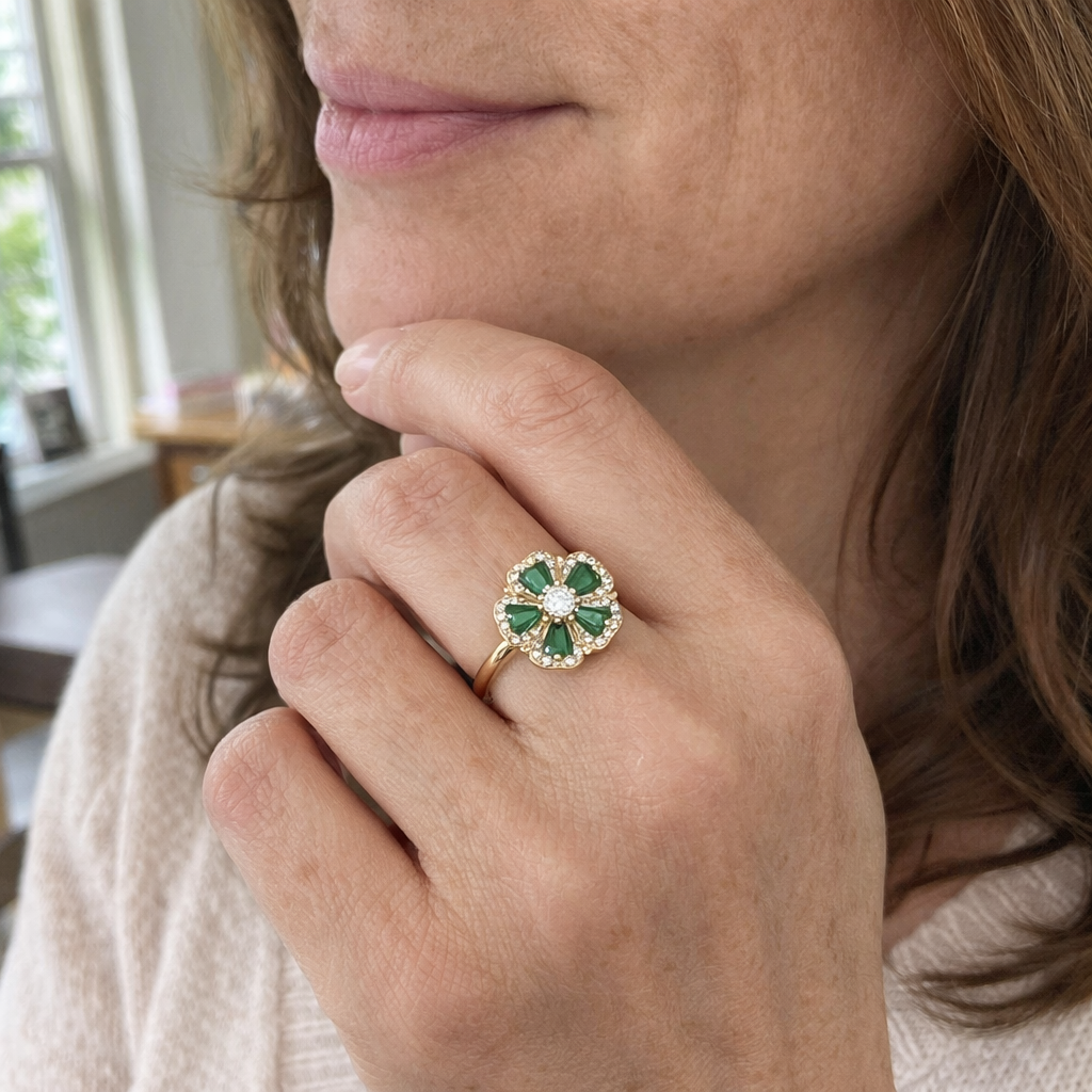 Anillo Giratorio Trébol Esmeralda