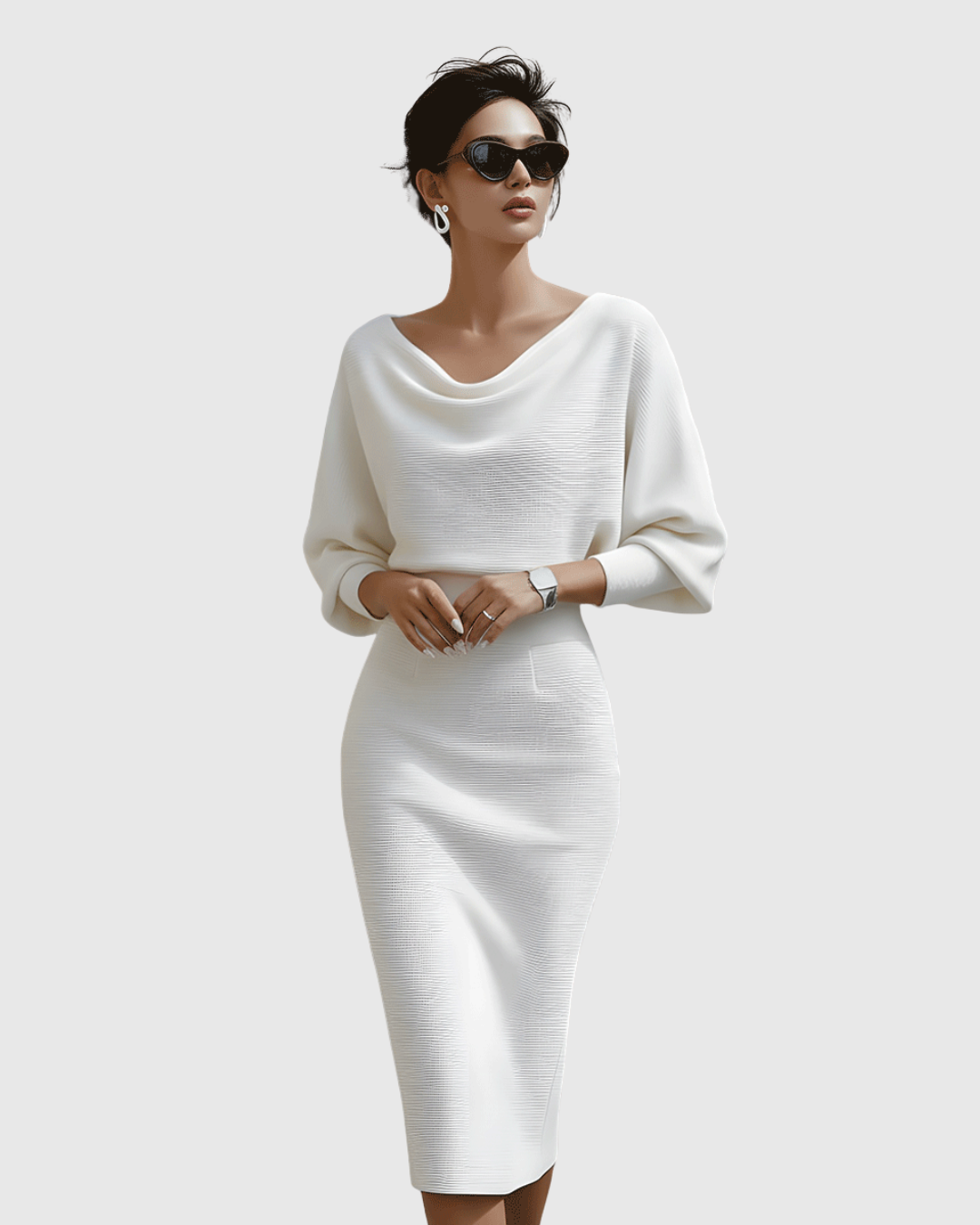 Matilde | Vestido Midi Drapeado con Mangas Murciélago