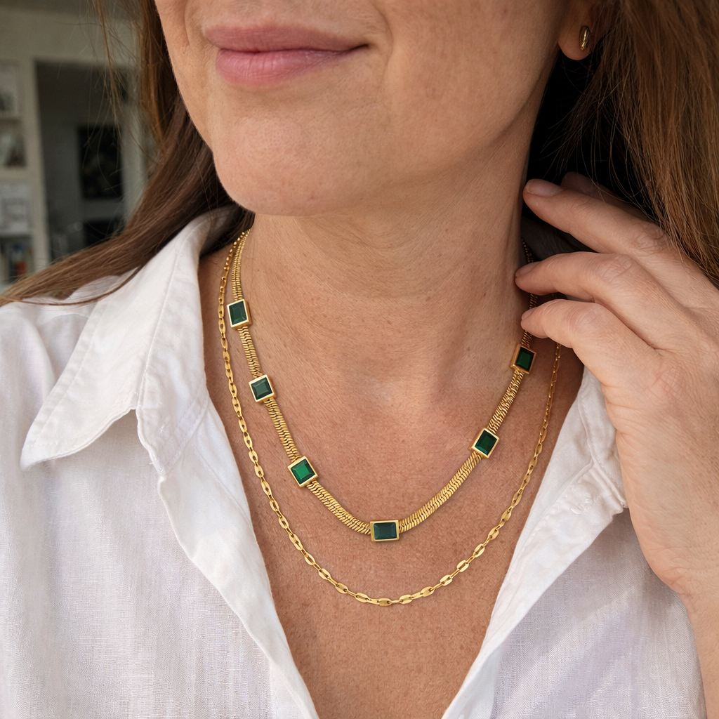 Collar Sorella Doble Capa Retro Esmeralda