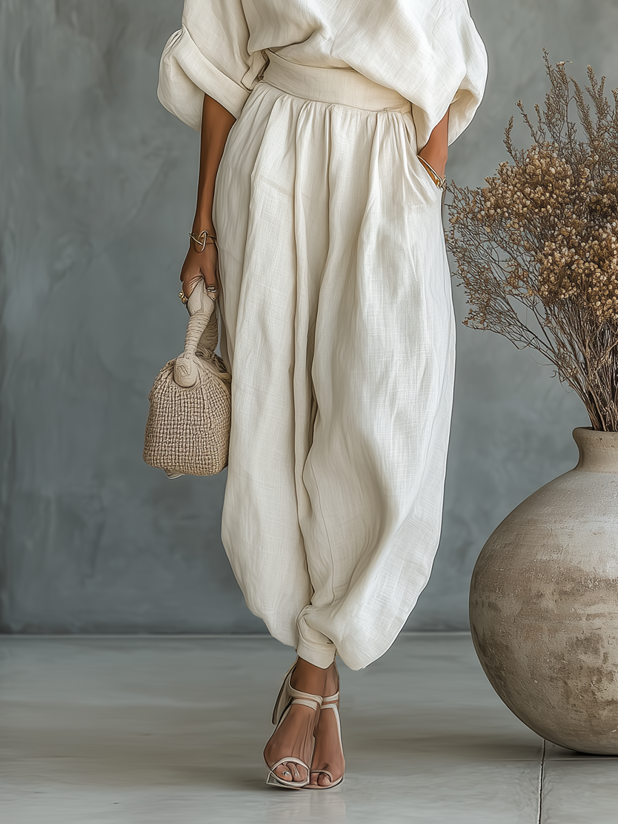 Paola | Conjunto de Lino con Hombros Descubiertos y Pantalón Tapered