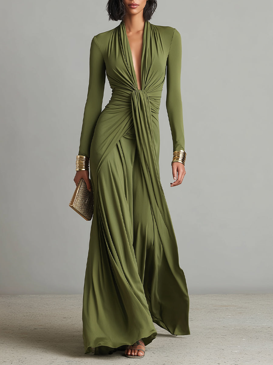 Vittoria | Vestido Largo de Seda Verde Oliva con Escote en V Profundo