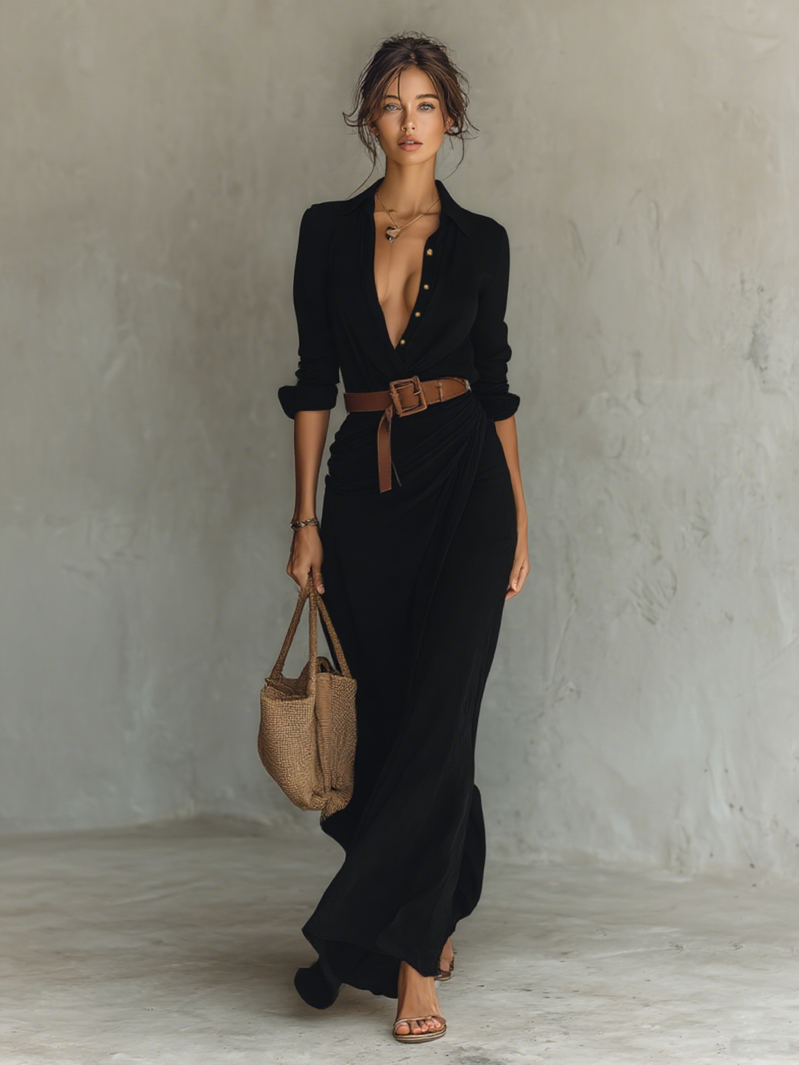 Federica | Vestido Largo con Cuello de Solapa, Manga Larga y Cinturón