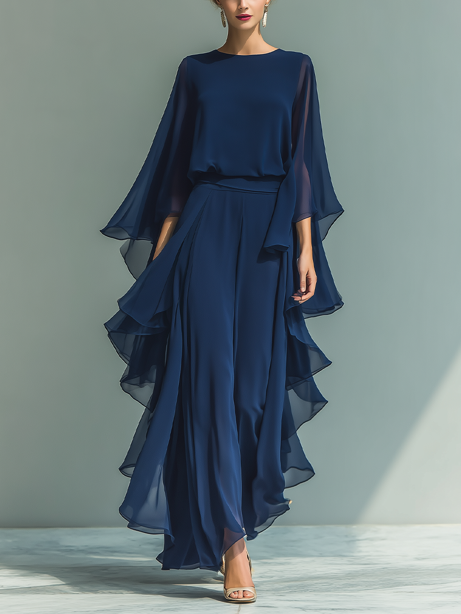 Margherita | Conjunto de Gasa Azul Marino con Mangas Acampanadas