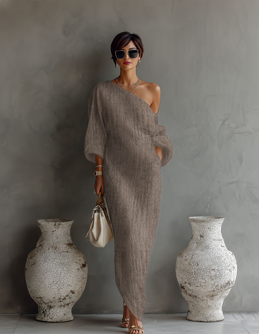 Rebecca | Vestido Fluido Color Marfil con Hombro Descubierto