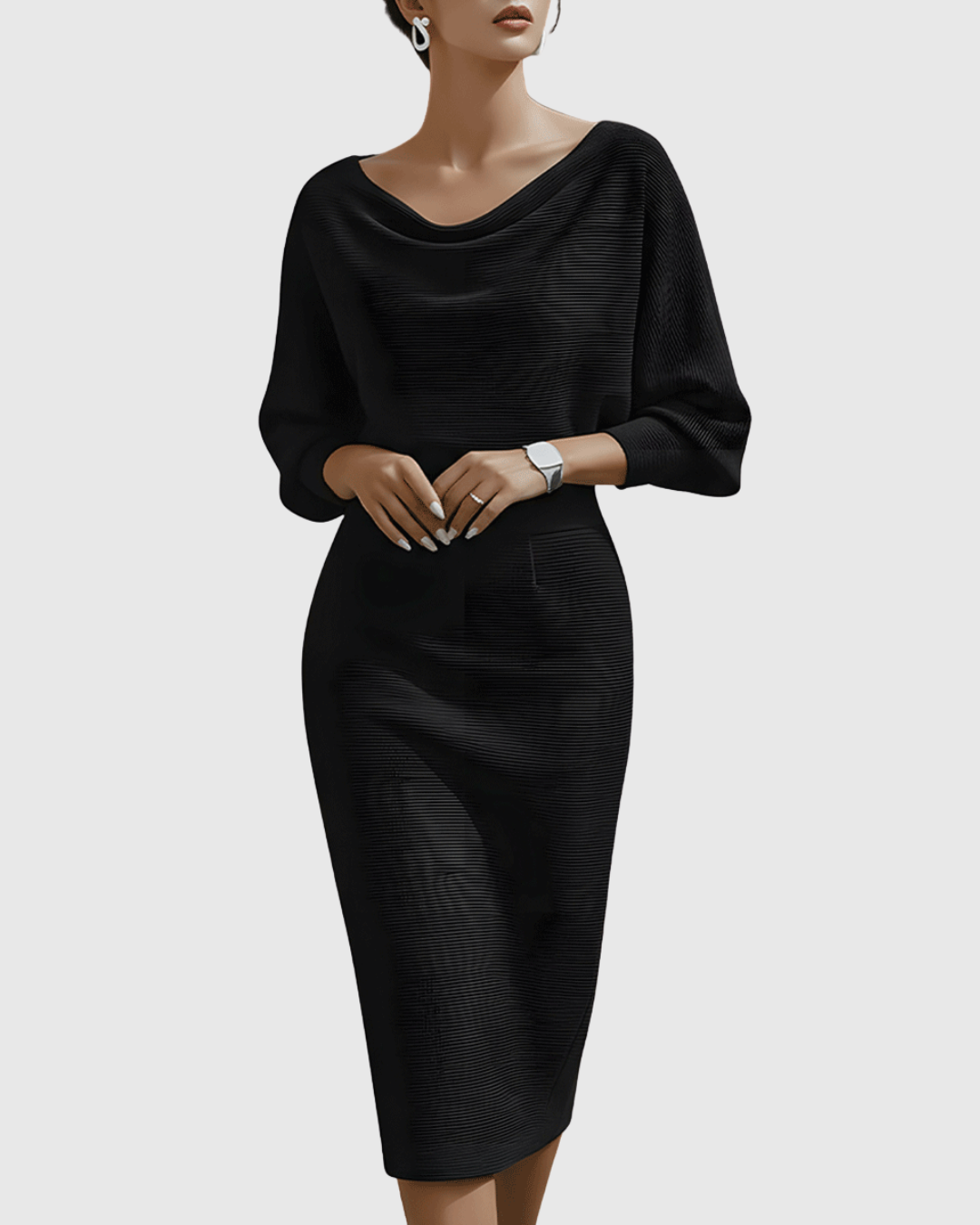 Matilde | Vestido Midi Drapeado con Mangas Murciélago