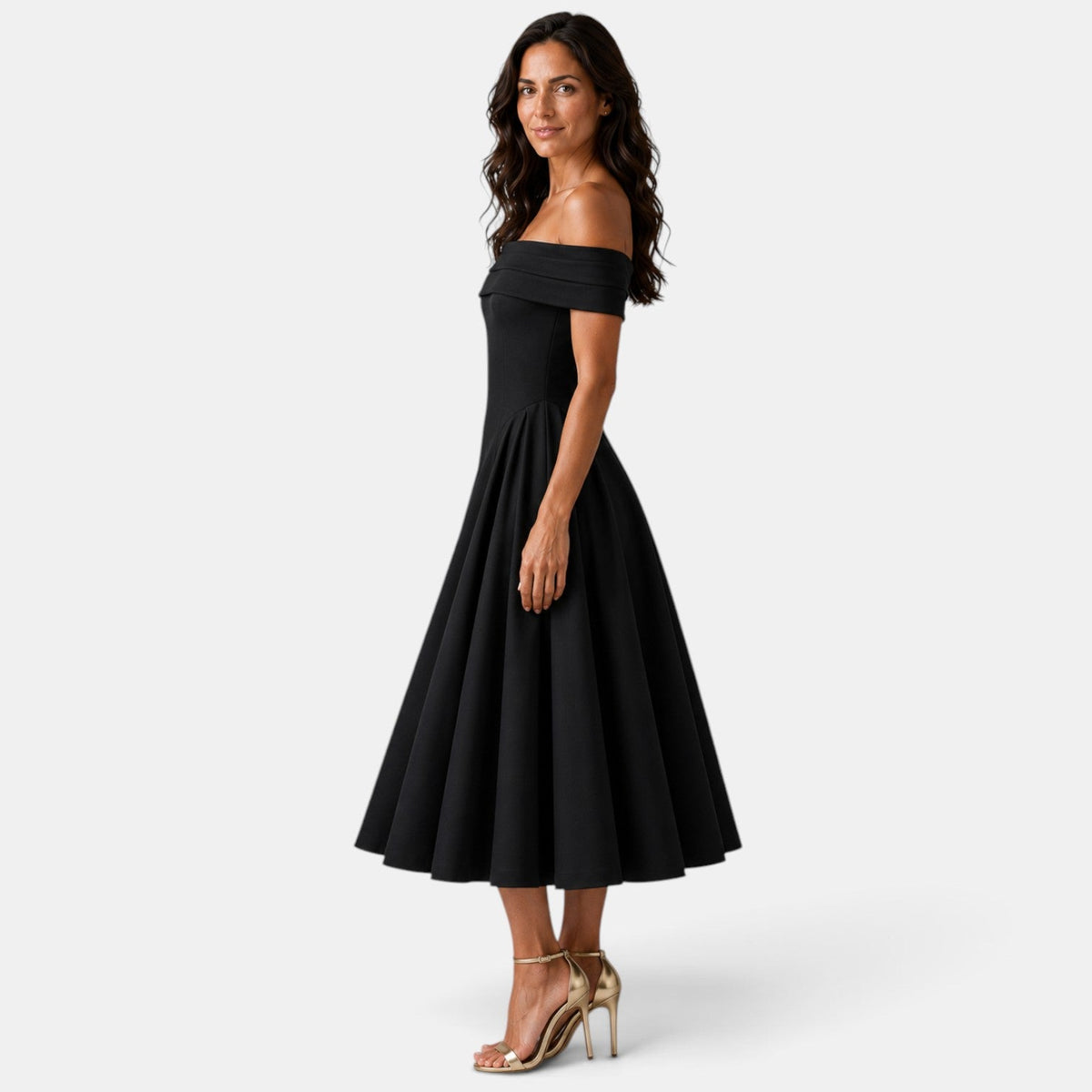 Vestido Midi con Escote Off-Shoulder y Falda Evasé para Mujer