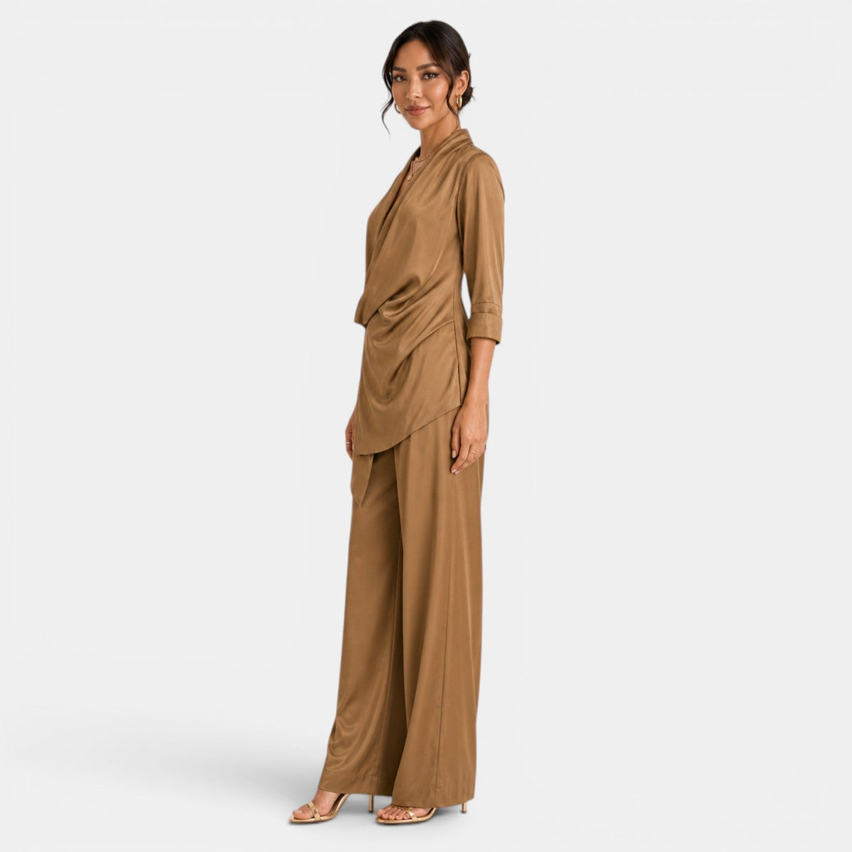 Conjunto Satinado Marrón Pantalón Ancho