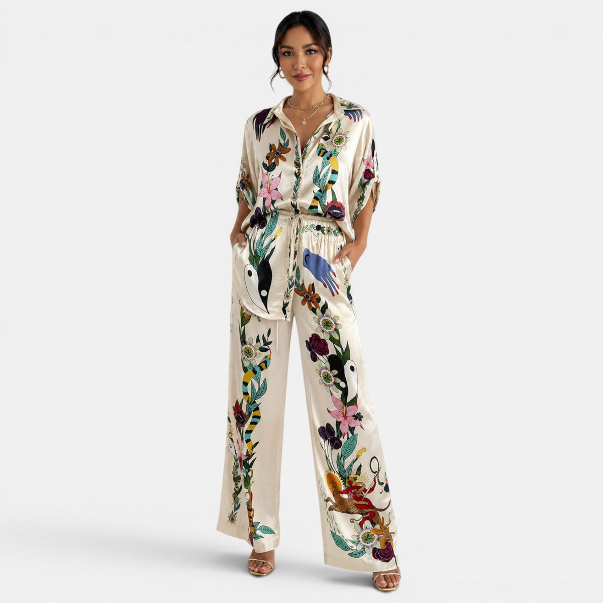 Conjunto Satinado Beige Estampado Mujer