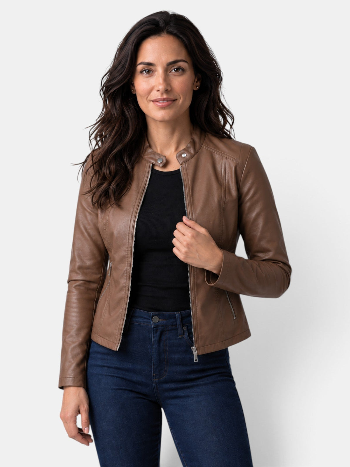 Chaqueta de Piel para Mujer con Cuello Mao y Cremallera