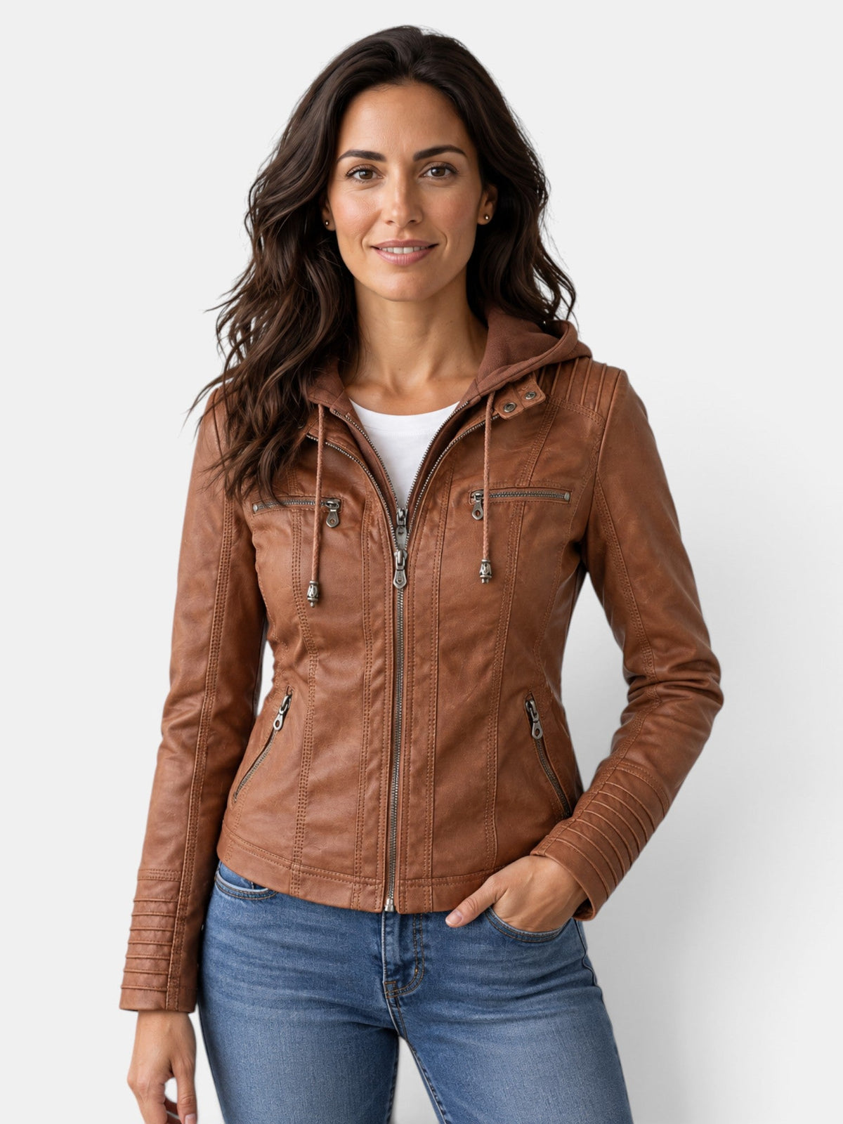 Chaqueta Impermeable de Polipiel para Mujer con Capucha