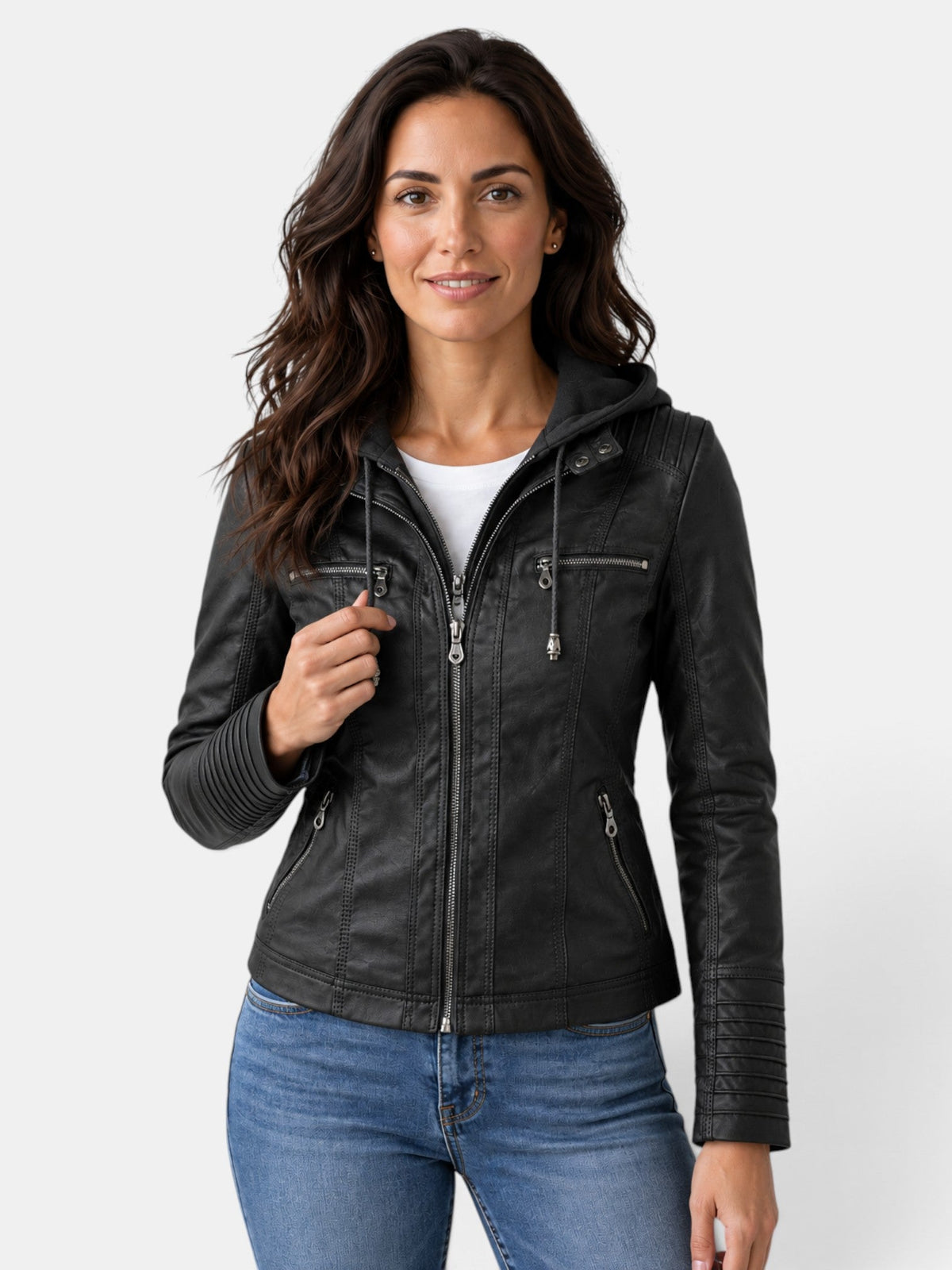 Chaqueta Impermeable de Polipiel para Mujer con Capucha