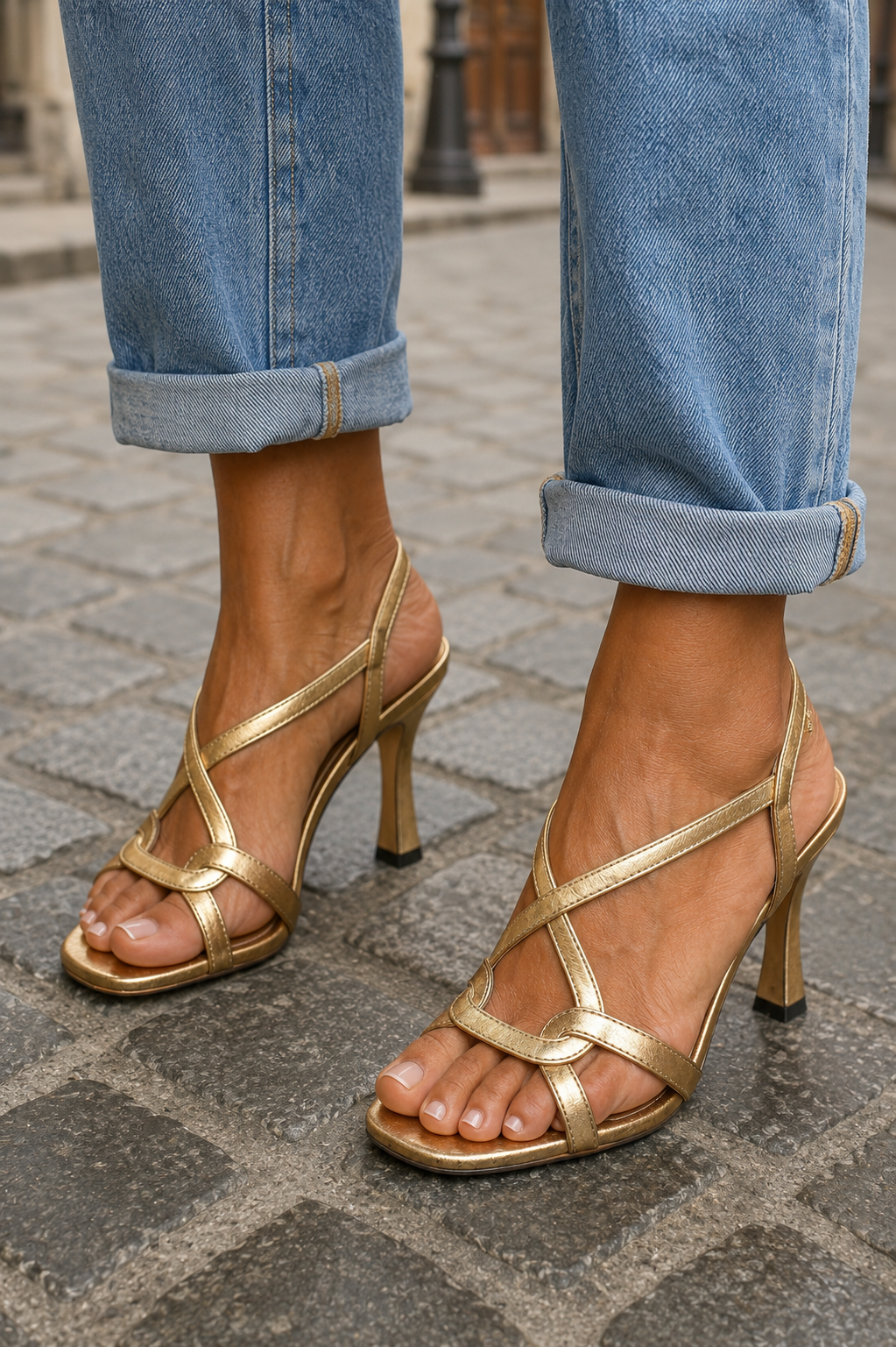 Alma | Sandalias de Tacón con Tiras Doradas