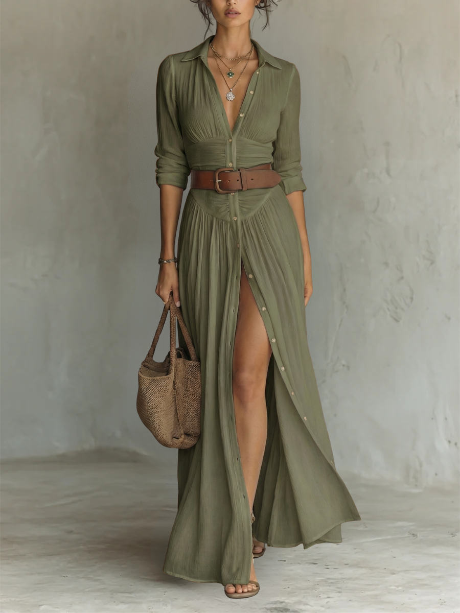 Cecilia | Vestido Largo de Lino con Cuello de Solapa y Manga Larga