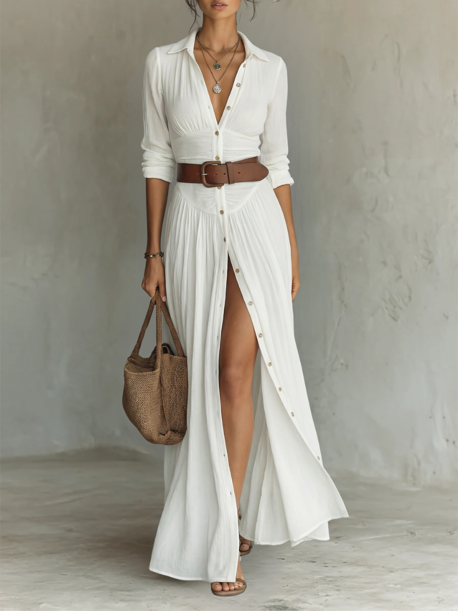 Cecilia | Vestido Largo de Lino con Cuello de Solapa y Manga Larga