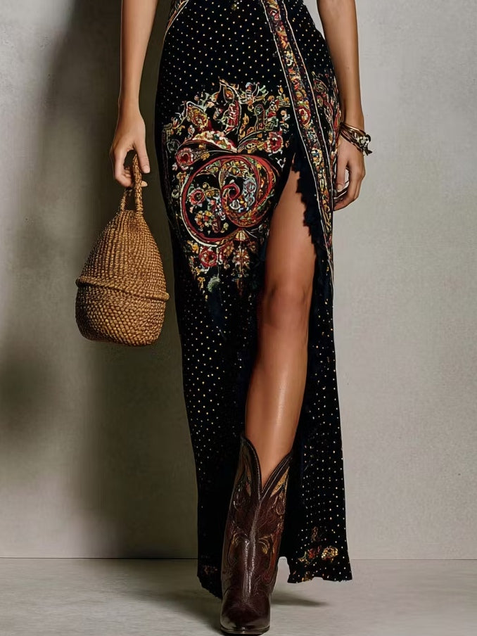 Fiora | Vestido Largo Boho con Estampado Étnico y Abertura