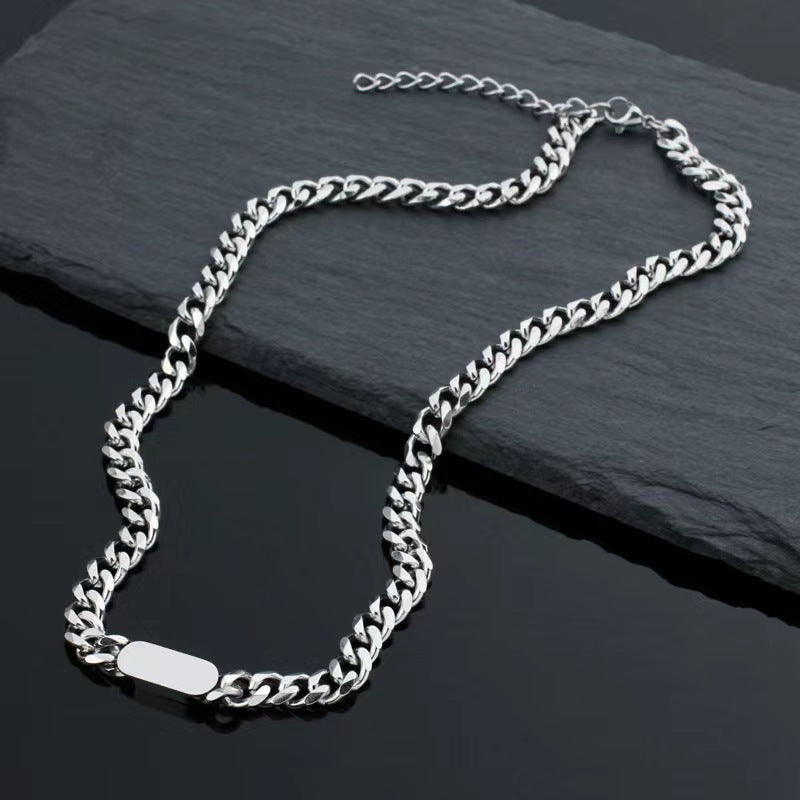 Collar de Cadena Cubana con Placa Oro Blanco