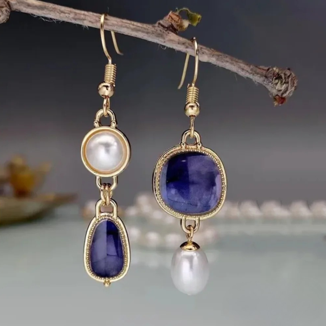 Pendientes Elegantes Piedra Azul y Perla