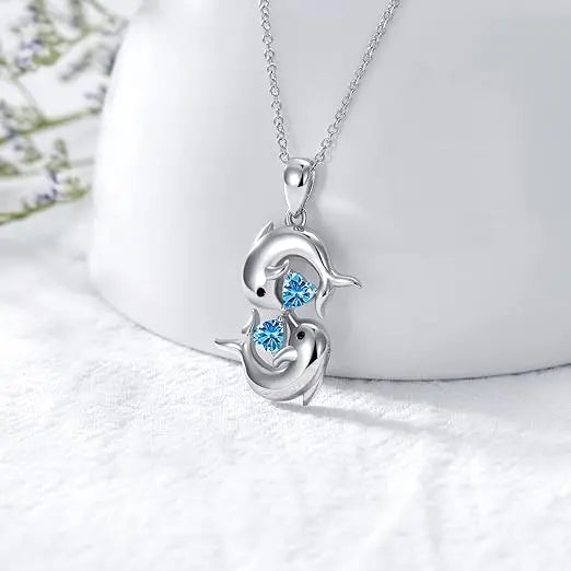 Collar Plata Doble Delfín con Cristal Azul