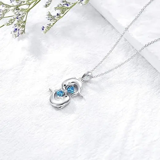 Collar Plata Doble Delfín con Cristal Azul