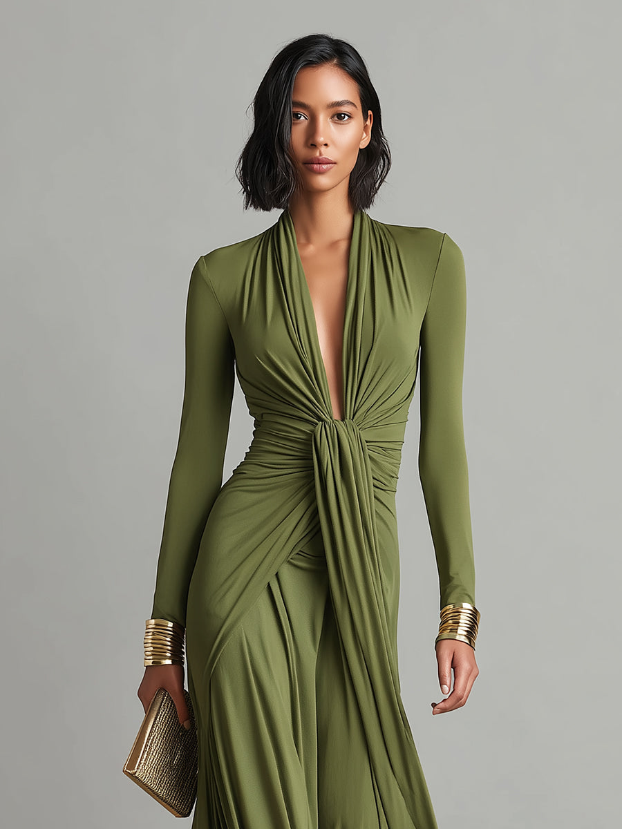 Vittoria | Vestido Largo de Seda Verde Oliva con Escote en V Profundo