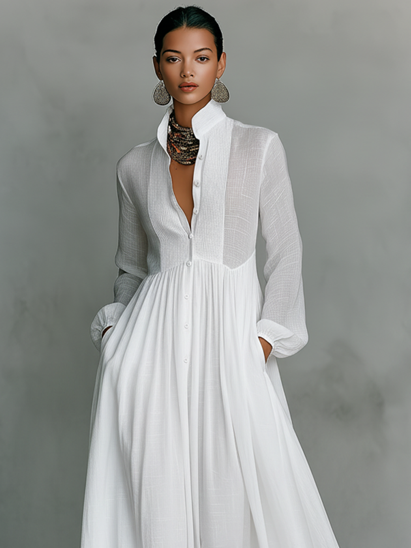 Marta | Vestido Largo de Lino con Detalles Patchwork y Cuello Alto