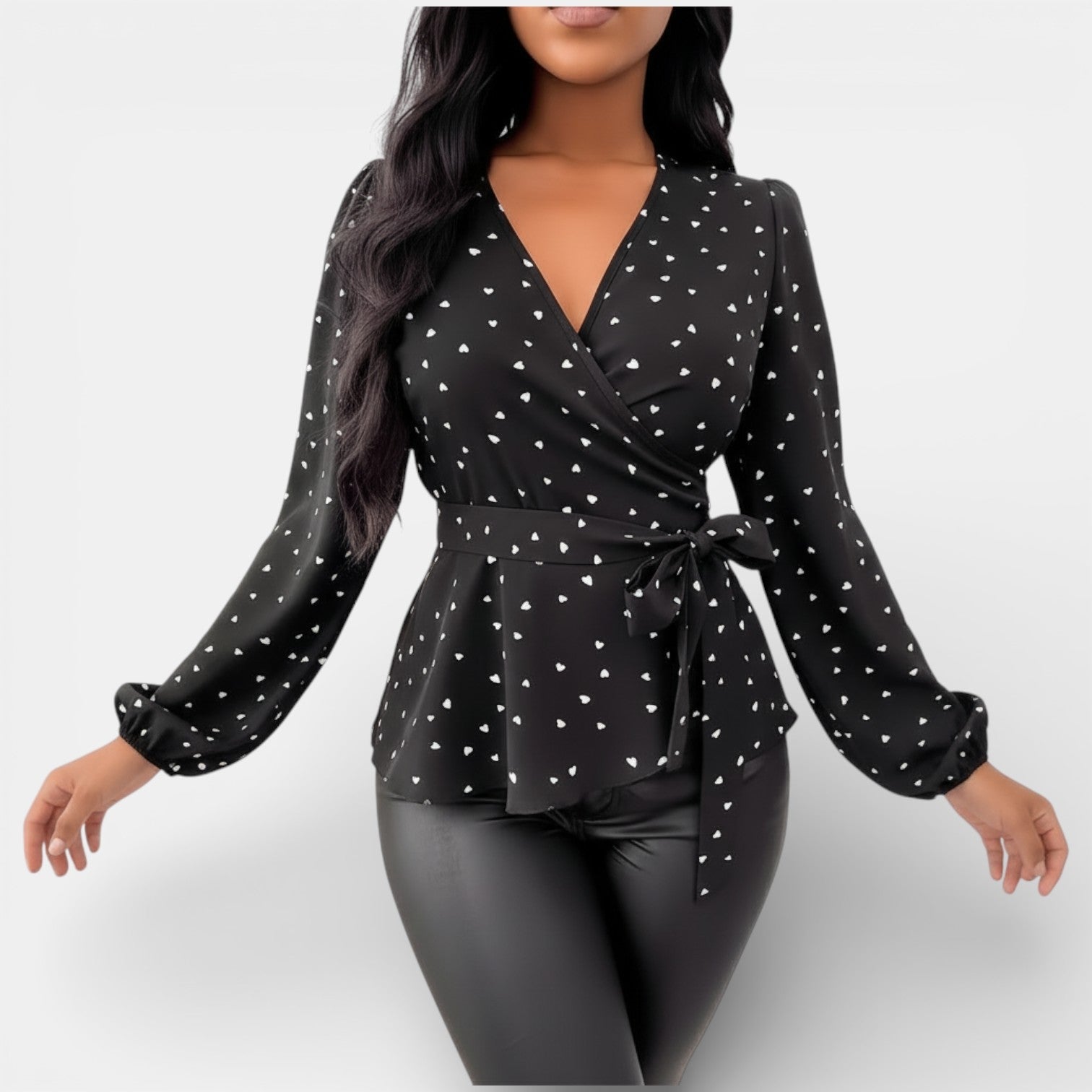 Women's V-Neck Blouse with Heart Print
