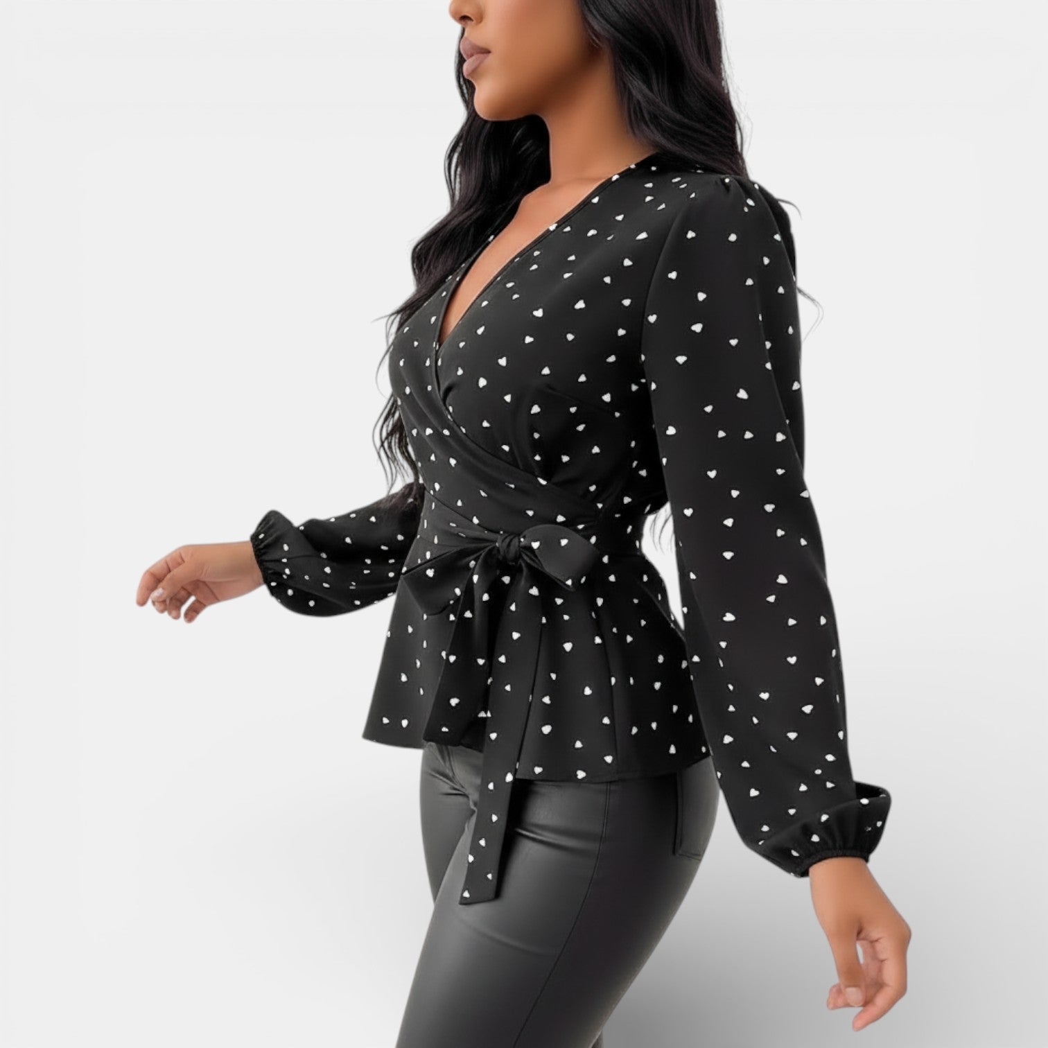Women's V-Neck Blouse with Heart Print