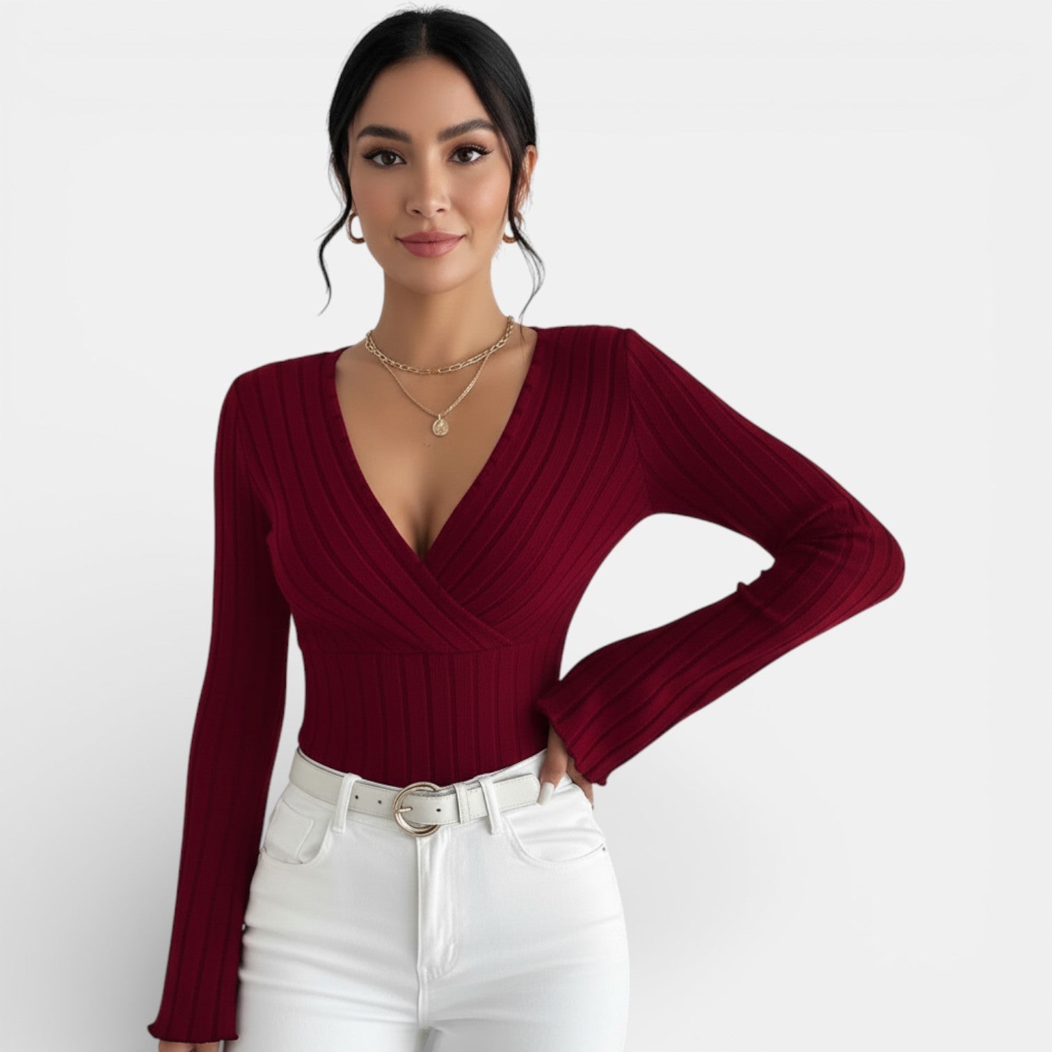 Maglietta Donna a Costine Scollo a V Maniche Lunghe
