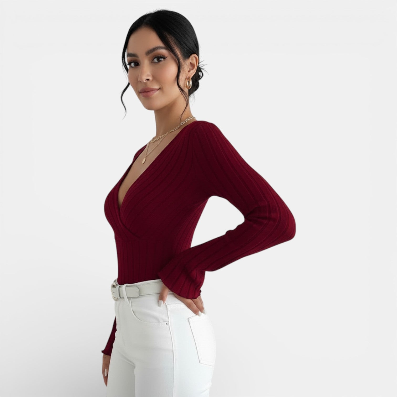 Maglietta Donna a Costine Scollo a V Maniche Lunghe