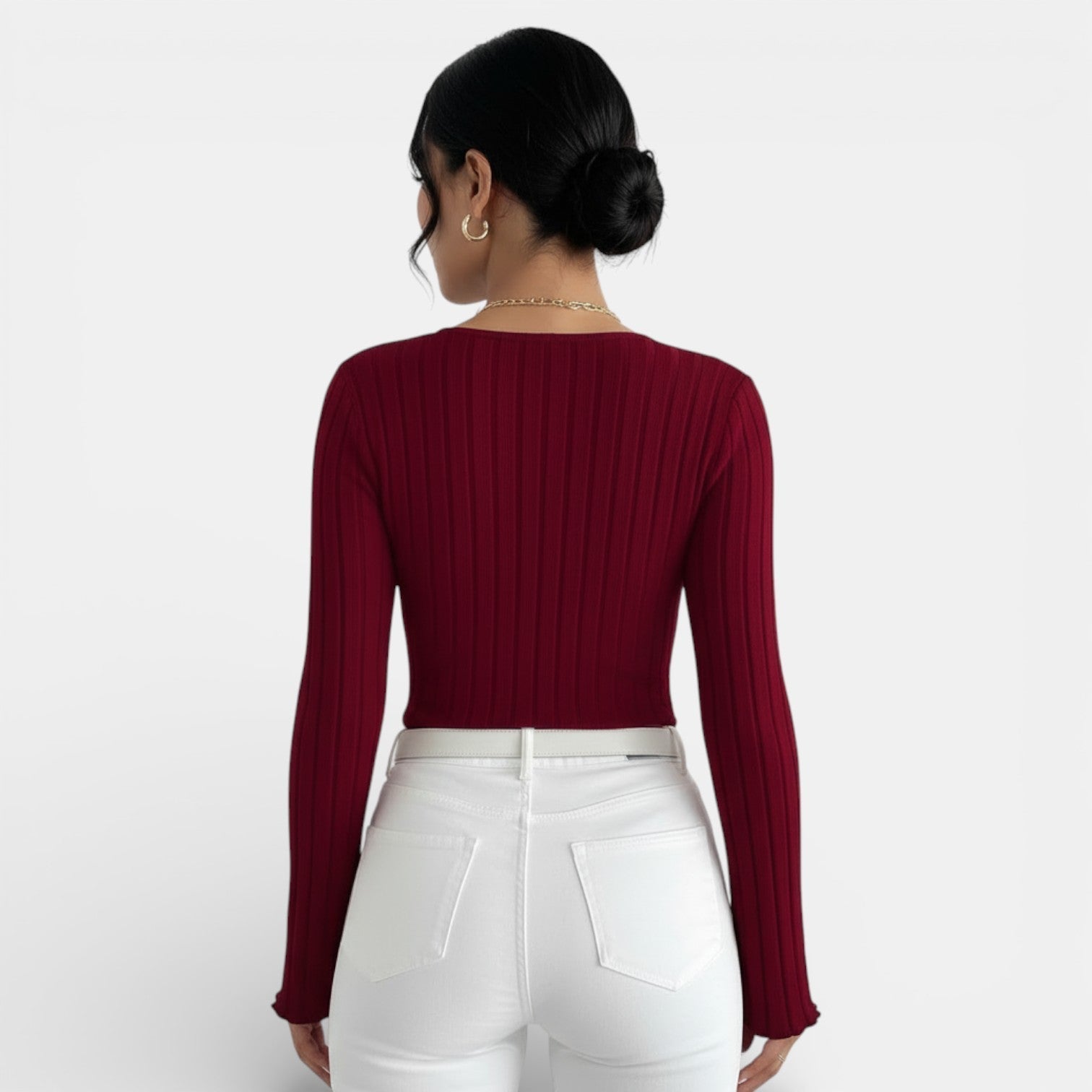 Maglietta Donna a Costine Scollo a V Maniche Lunghe