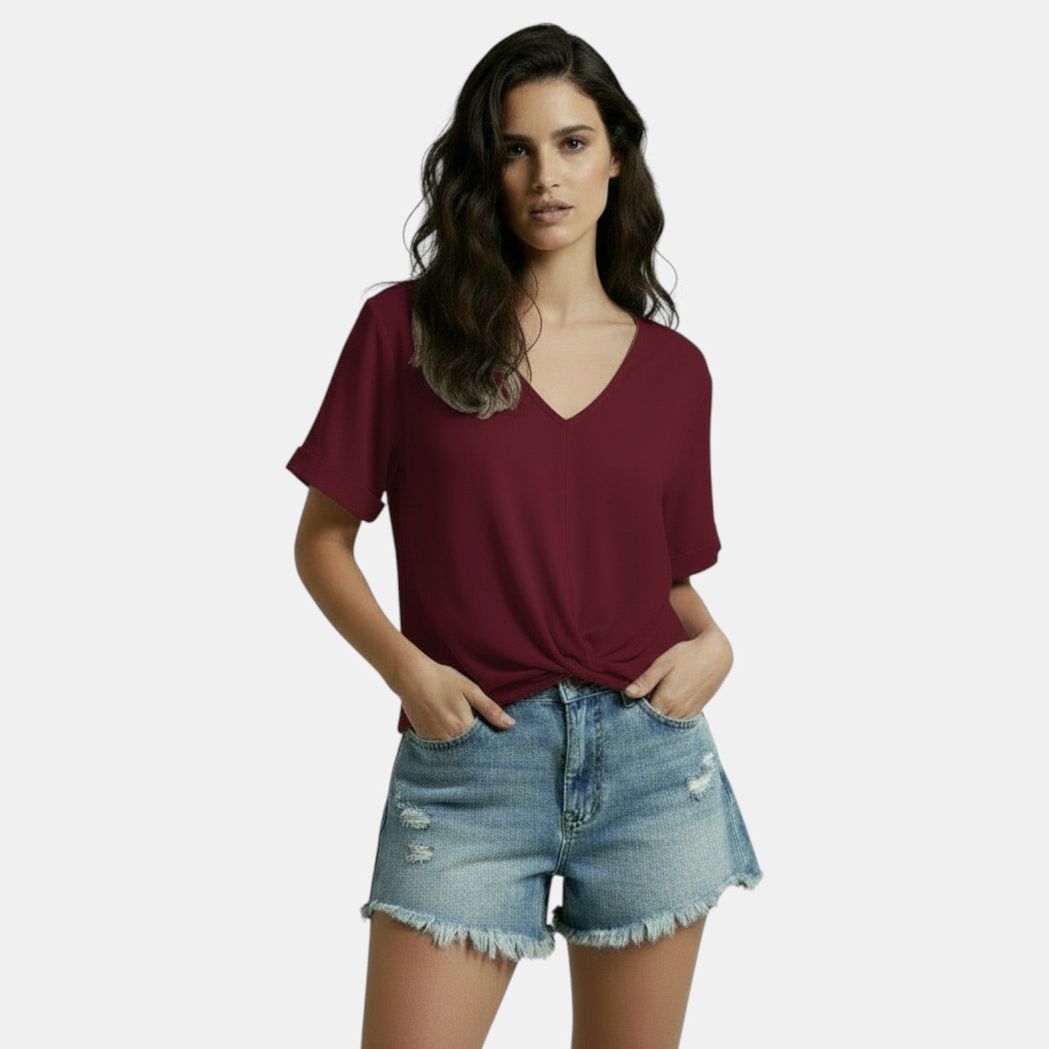 Women's V-Neck T-Shirt with Irregular Knot Casual Chic