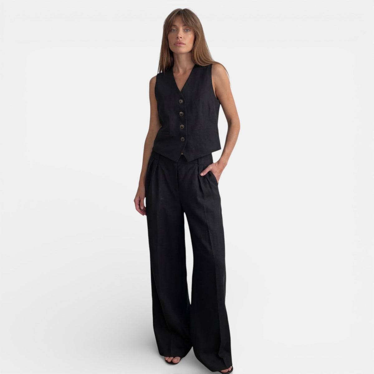 Traje Conjunto de Lino Mujer Cintura Alta Plisado