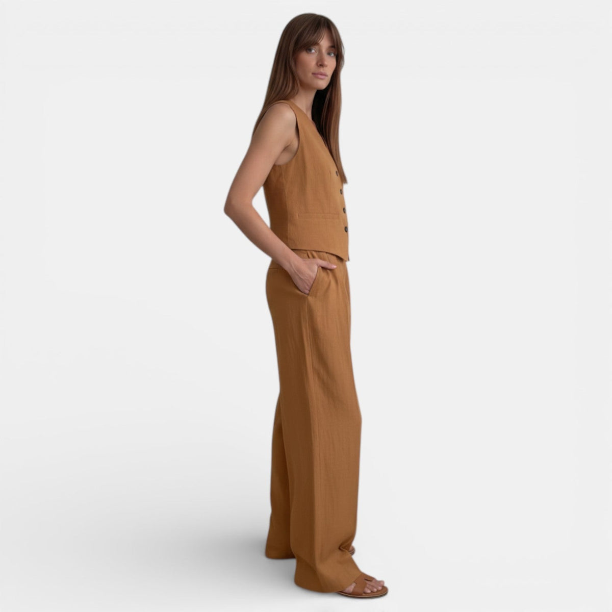 Traje Conjunto de Lino Mujer Cintura Alta Plisado