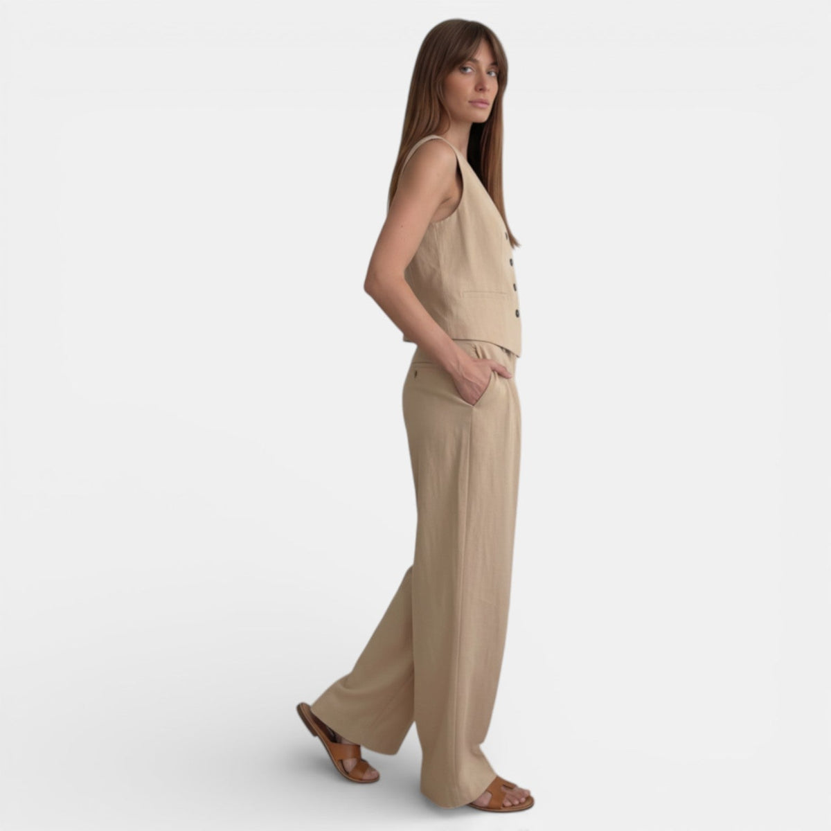 Traje Conjunto de Lino Mujer Cintura Alta Plisado