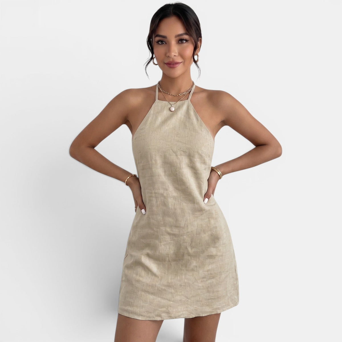 Vestido Corto Lino Halter Mujer Caqui