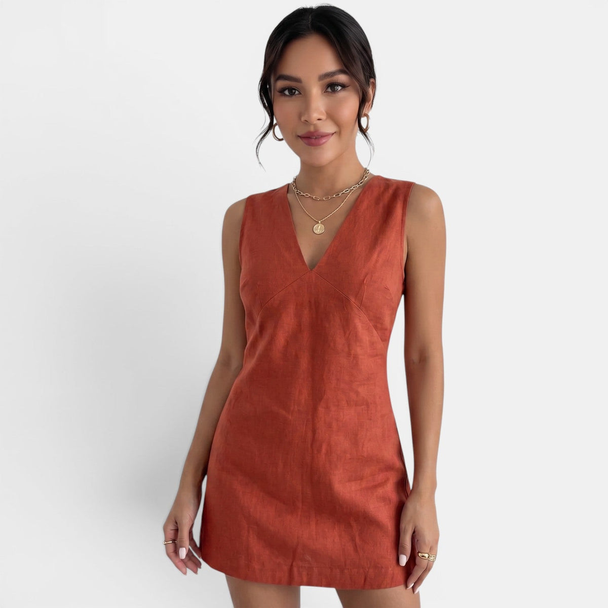 Vestido Corto Verano Escote V Mujer Lino