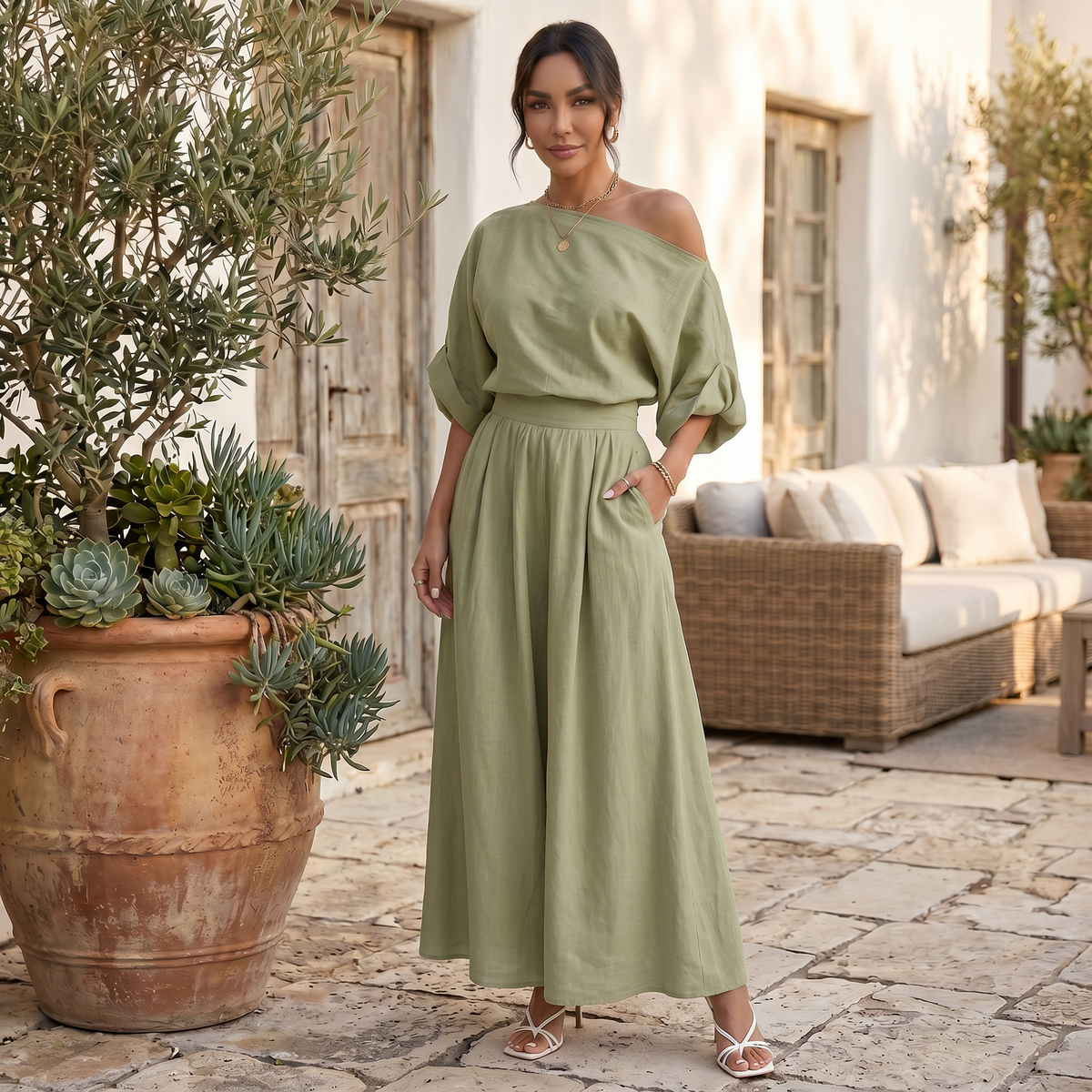 Conjunto Mujer Top Bardot y Pantalón