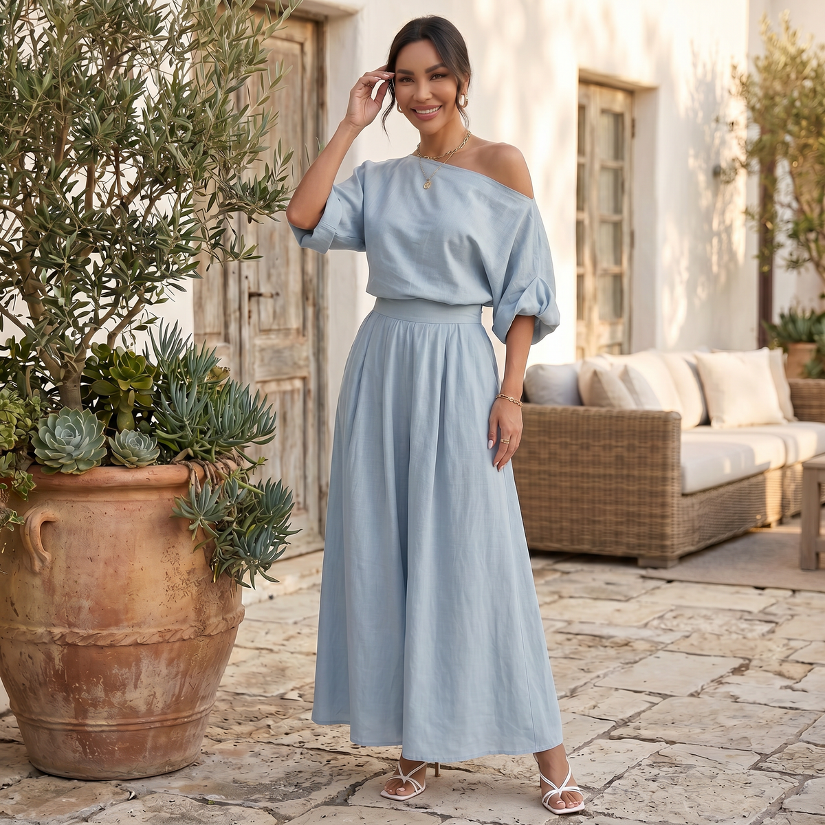 Conjunto Mujer Top Bardot y Pantalón