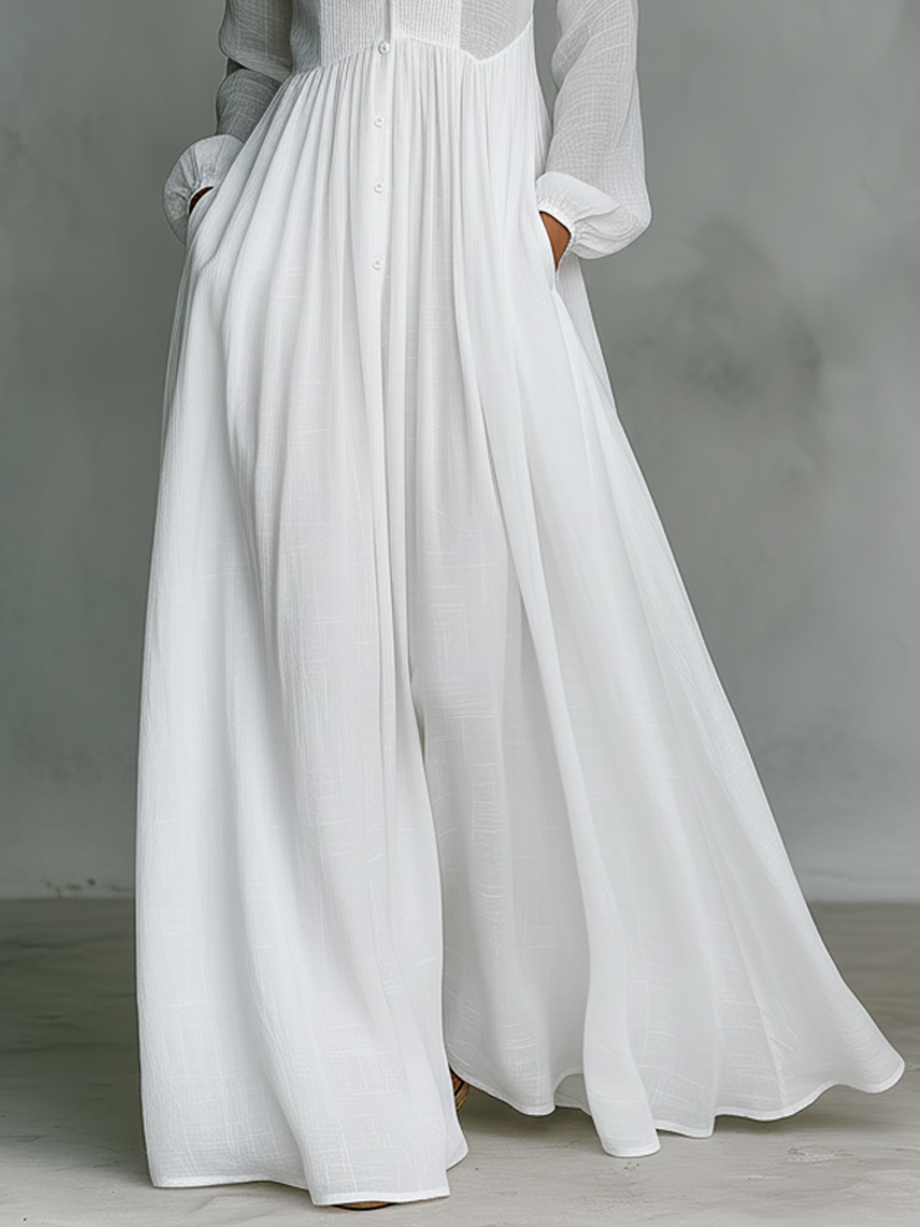 Marta | Vestido Largo de Lino con Detalles Patchwork y Cuello Alto