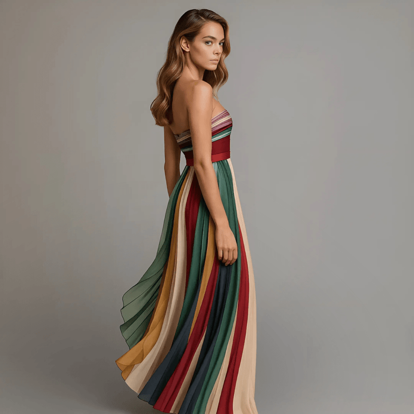Emma | Vestido Largo de Lino con Paneles de Color y Cuerpo Palabra de Honor