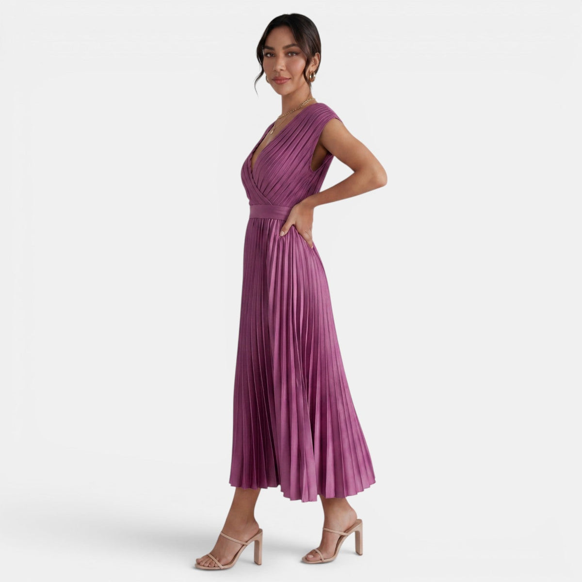Vestido Midi Mujer Cuello V Plisado