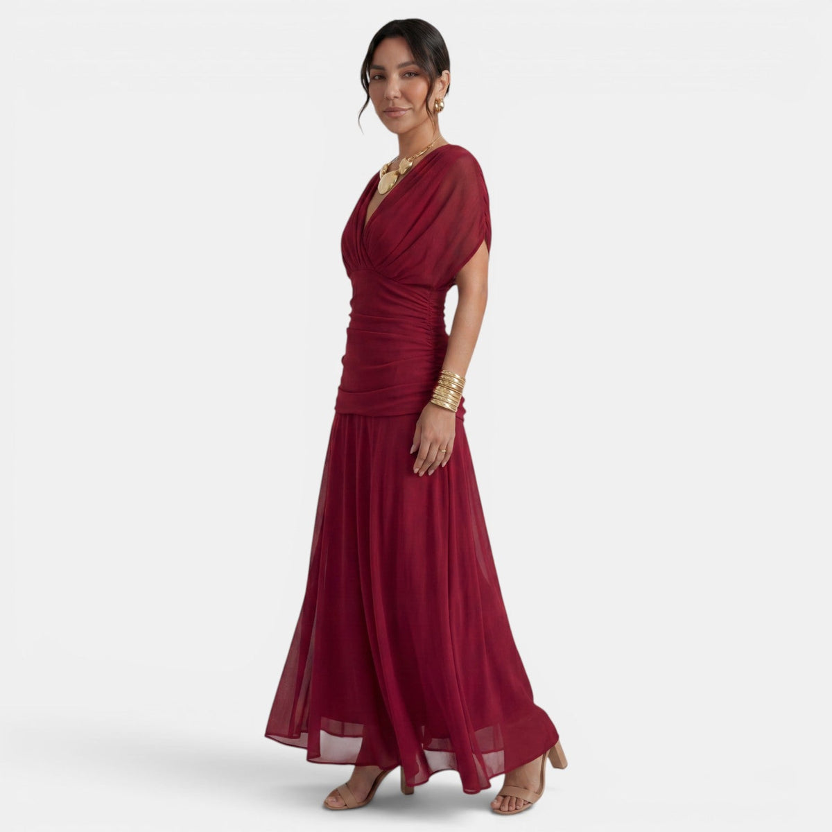 Vestido Maxi Mujer Gasa Estampado Cuello V
